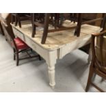 19th cent. French scrubbed pine plank top table, on turned supports, two drawers, and extender