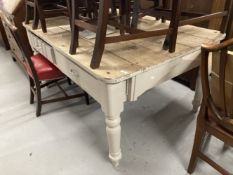 19th cent. French scrubbed pine plank top table, on turned supports, two drawers, and extender