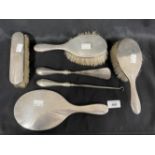 Hallmarked Silver: Dressing table mirror, brushes x 3, button hooks, shoehorn. London marks