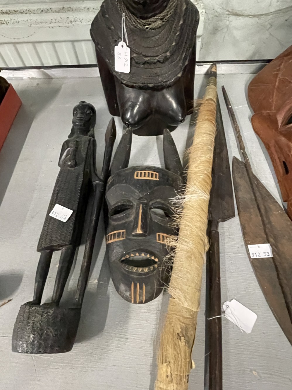 Tribal Artefacts: Includes ebony female bust, three wooden masks, a figure and four weapons. - Image 3 of 6