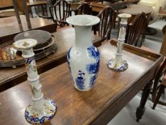 Lamps: 19th cent. Chinese blue and white vase converted to a lamp. 15ins. Plus a pair of French