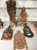 Sino-Tibetan: Carved treen Buddha protection pose 12ins, carved standing lion 13½ins, and three