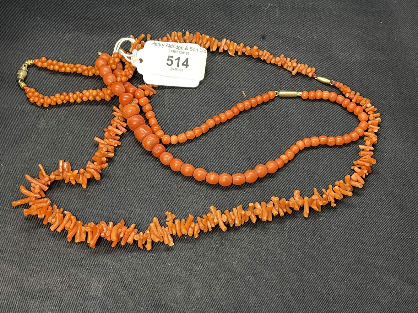 Jewellery: Necklets two coral, one bead and one branch style, plus one bracelet.