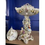 19th/20th cent. Sitzendorf centrepiece, the pierced flower encrusted basket above a central column