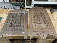 Carved Oriental triple screen with foliate carving and hardwood carved panel.