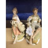 20th cent. Ceramics: Crown Naples girl with sheep and lambs, boy with dog.
