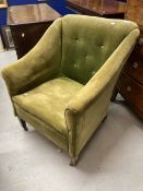 19th cent. Upholstered armchair on square tapering legs on castors. 28ins. Wide. 31ins. Deep. 34ins.