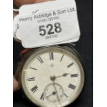 Hallmarked Silver: Open faced pocket watch, white dial, black Roman numerals, second hand chapter