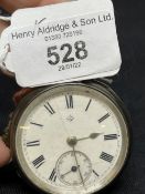 Hallmarked Silver: Open faced pocket watch, white dial, black Roman numerals, second hand chapter