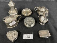 Hallmarked Silver: Two boxes and condiment items. Total weight 8.44oz.