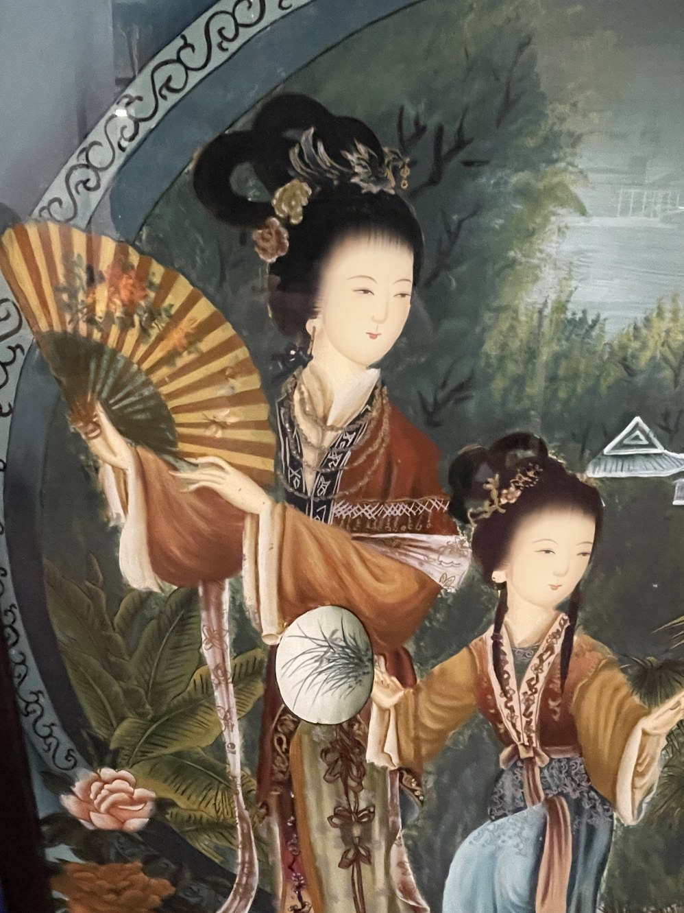 20th cent. Chinese reverse glass painting depicting two elegant ladies in a garden scene, framed. - Image 2 of 3