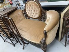 19th cent. Show wood pierced button back sofa, brown upholstered.