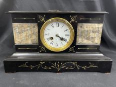 Clocks: 19th cent. French black, grey and white marble with engraved floral decoration highlighted