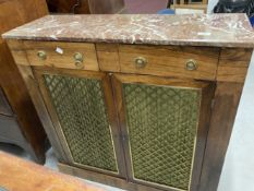 Early 19th cent. Rosewood side cabinet with linen back brass wirework doors, and red marble top.