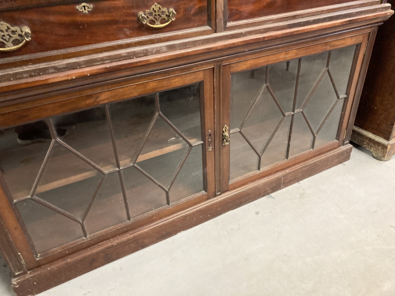 Large mahogany secretaire bookcase, the broken pediment top above a dental cornice above a frieze - Image 3 of 4