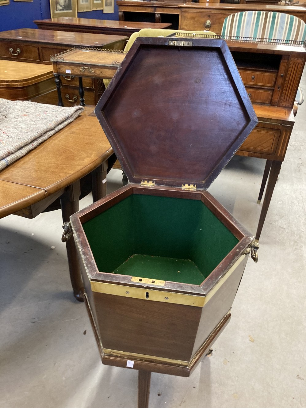 19th cent. Mahogany hexagonal cellaret/wine cooler with brass strapping and side handles on square - Image 2 of 4