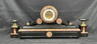 Clocks: 19th cent. French black and rose marble clock garniture with anchor escapement, strikes half