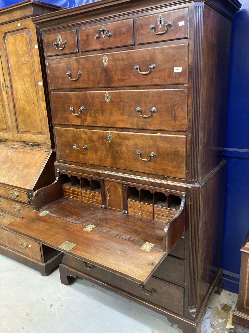 19th cent. Mahogany secretaire/chest on chest the top section comprises three short and three long - Image 3 of 6