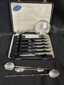 Cased set of six knives with silver handles, silver handled magnifying glass, and two Chinese silver