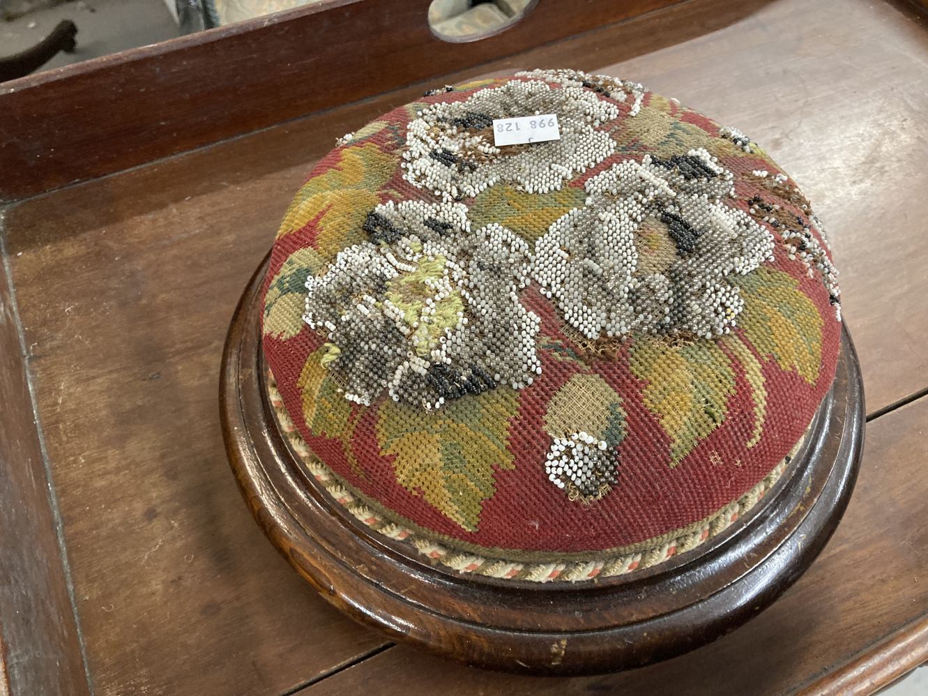 19th cent. Mahogany butler's tray and stand plus a Berlin bead footstool. - Image 3 of 3