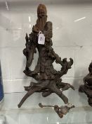 19th cent. Qing Dynasty carved rootwood figure of Shoulao shown standing holding a staff and a peach