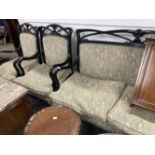Arts and Crafts style ebonised salon set comprised of two seater sofa and two chairs with Cotswold