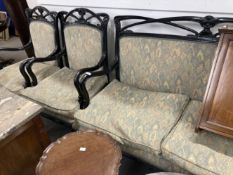 Arts and Crafts style ebonised salon set comprised of two seater sofa and two chairs with Cotswold