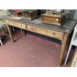 20th cent. Pre-war pitch pine laboratory workbench with chamfered supports. 30ins. x 36ins. 74ins.