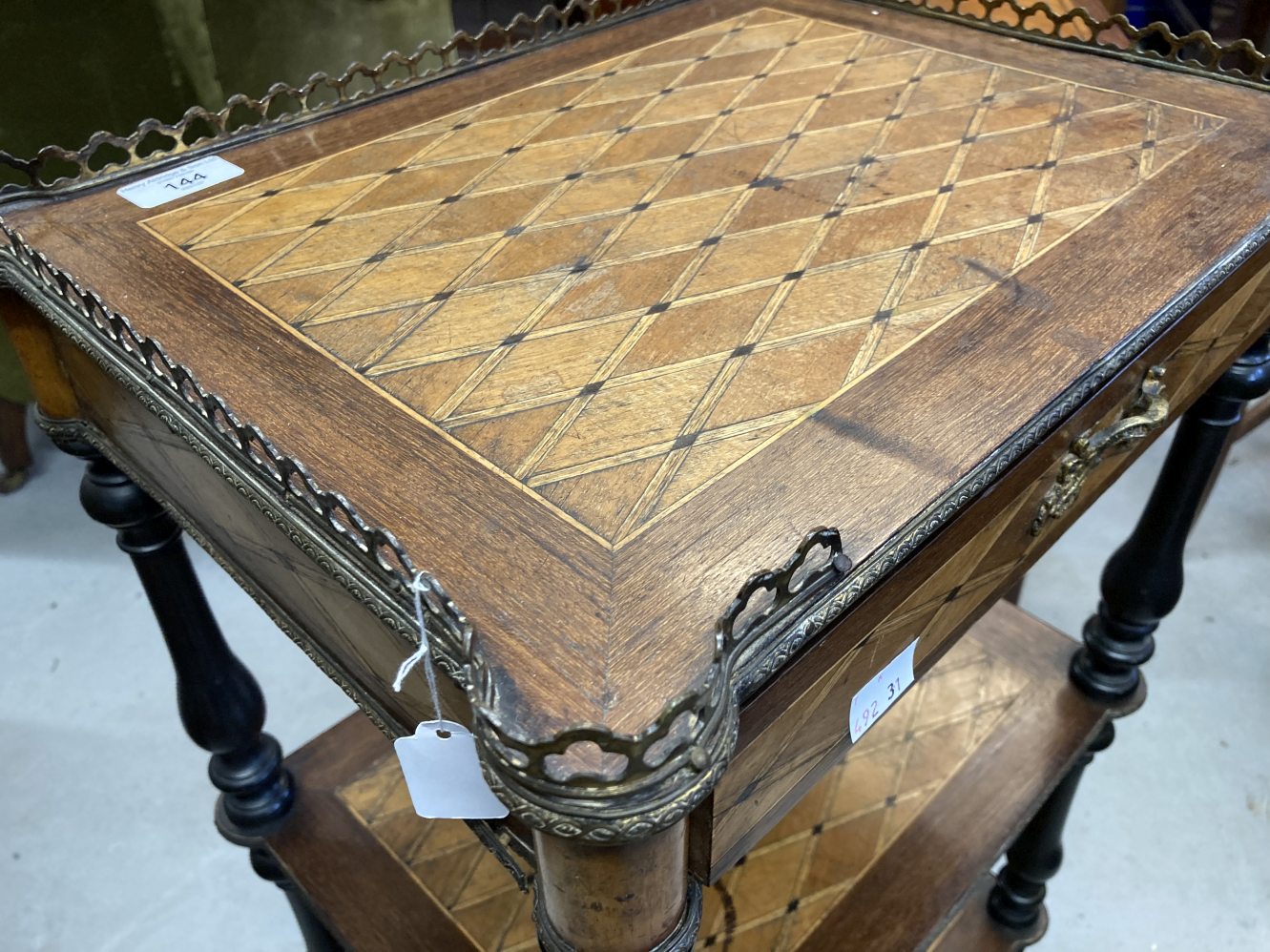 19th cent. French rosewood three tier what not with parquetry inlay, the top with brass gallery - Image 3 of 4