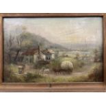 19th cent. Primitive oil painting on canvas farm and village scene two horses drawing hay cart,