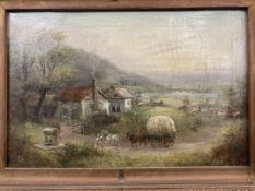 19th cent. Primitive oil painting on canvas farm and village scene two horses drawing hay cart,