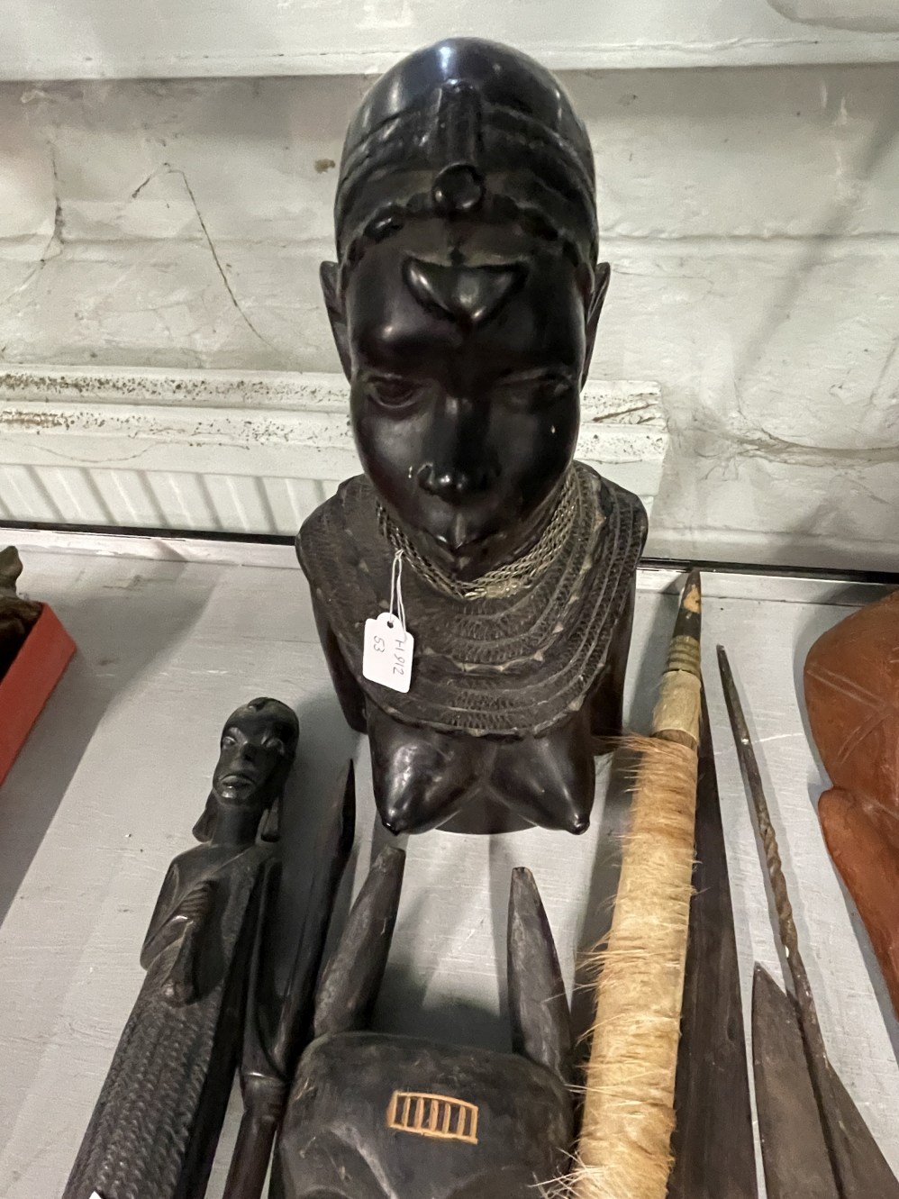 Tribal Artefacts: Includes ebony female bust, three wooden masks, a figure and four weapons. - Image 4 of 6