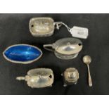 Hallmarked Silver: Six pieces of condiments, three mustard pots, two salts, and one pepper pot, with