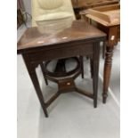 19th cent. Mahogany envelope games table with decorated frieze and legs. 22ins.