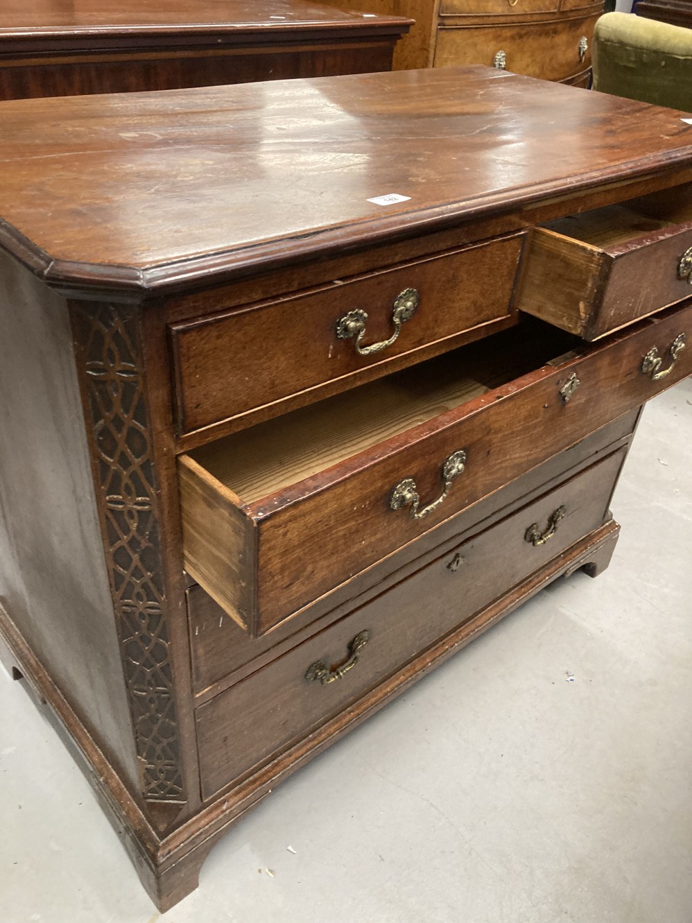 19th cent. Mahogany straight fronted chest of three long and two short graduated drawers with - Image 3 of 4
