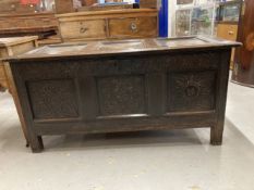 Late 18th cent. Oak three panel coffer with carved decoration. 21½ins. x 51ins. x 25ins.