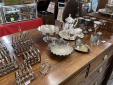 Silver Platedware: Tea set, goblets, eight toast racks, tankard, two Art Nouveau dishes and an Ocean