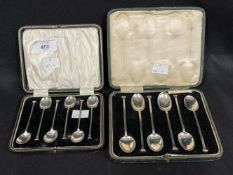 Hallmarked silver: Coffee spoons, Sheffield mark, two sets, both cased. Approx. 6oz.