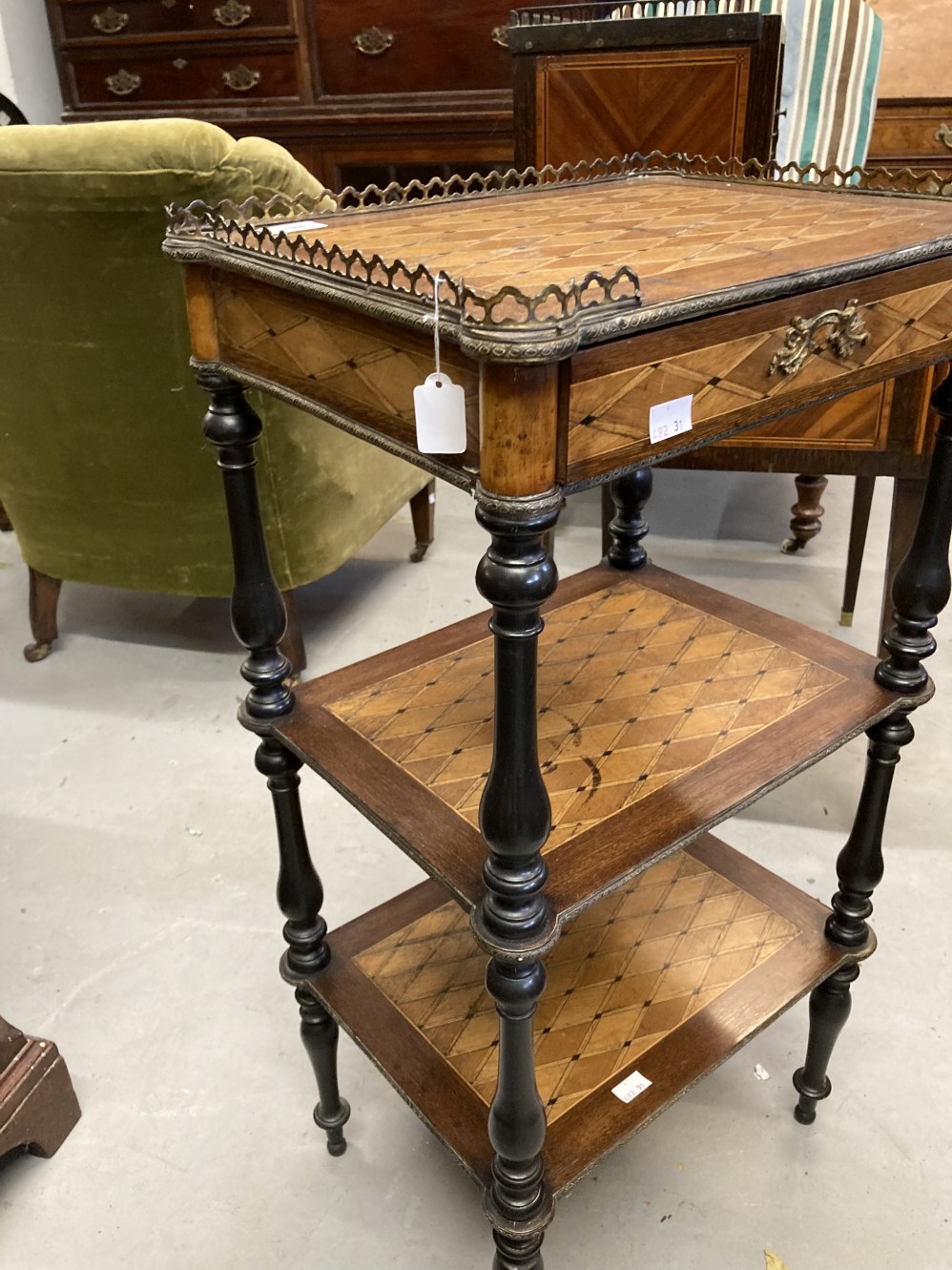 19th cent. French rosewood three tier what not with parquetry inlay, the top with brass gallery - Image 2 of 4