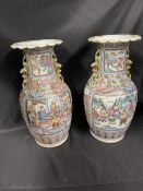 Pair of Cantonese porcelain rose, verte and gilt oviform vases with flared necks and scalloped rims,