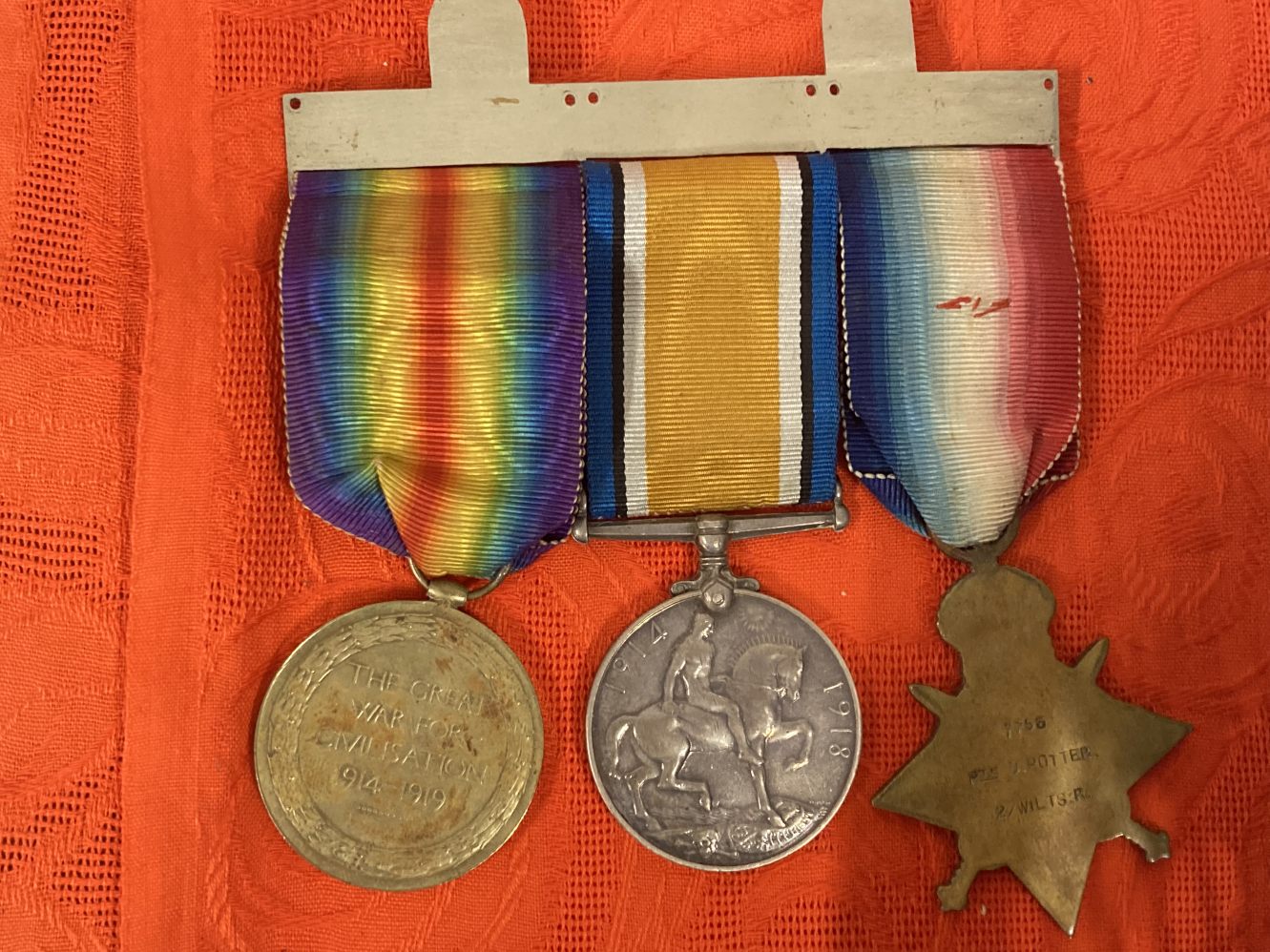 David Potter, World War 1 Wiltshire Regiment Archive, three medals including 1914 Star with a 5th - Image 3 of 5