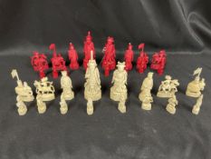 19th cent. Cantonese stained ivory sculptural chess set, finely carved in court dress on panelled