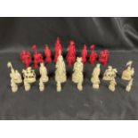 19th cent. Cantonese stained ivory sculptural chess set, finely carved in court dress on panelled