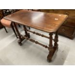 19th cent. Mahogany hall table on turned supports and stretcher on bun feet. 39ins. x 18¼ins. x 28½