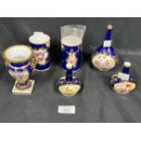 19th cent. Coalport/Derby cobalt blue spill vases 3½ins, mini campana (A/F) 4¼ins, flask 5ins, flask