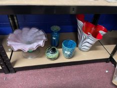 20th cent. Studio Glass: Handkerchief vase red and white, Tazza, medium vase, plus two others.