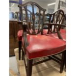 19th cent. Sheraton style mahogany shield back dining chairs, six singles, one carver, on tapered