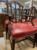 19th cent. Sheraton style mahogany shield back dining chairs, six singles, one carver, on tapered