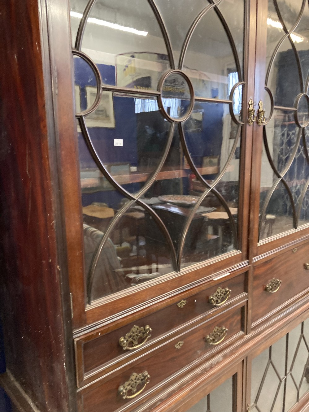 Large mahogany secretaire bookcase, the broken pediment top above a dental cornice above a frieze - Image 2 of 4