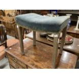 1953 limed oak Queen Elizabeth II Coronation stool blue velvet covered shaped seat on straight